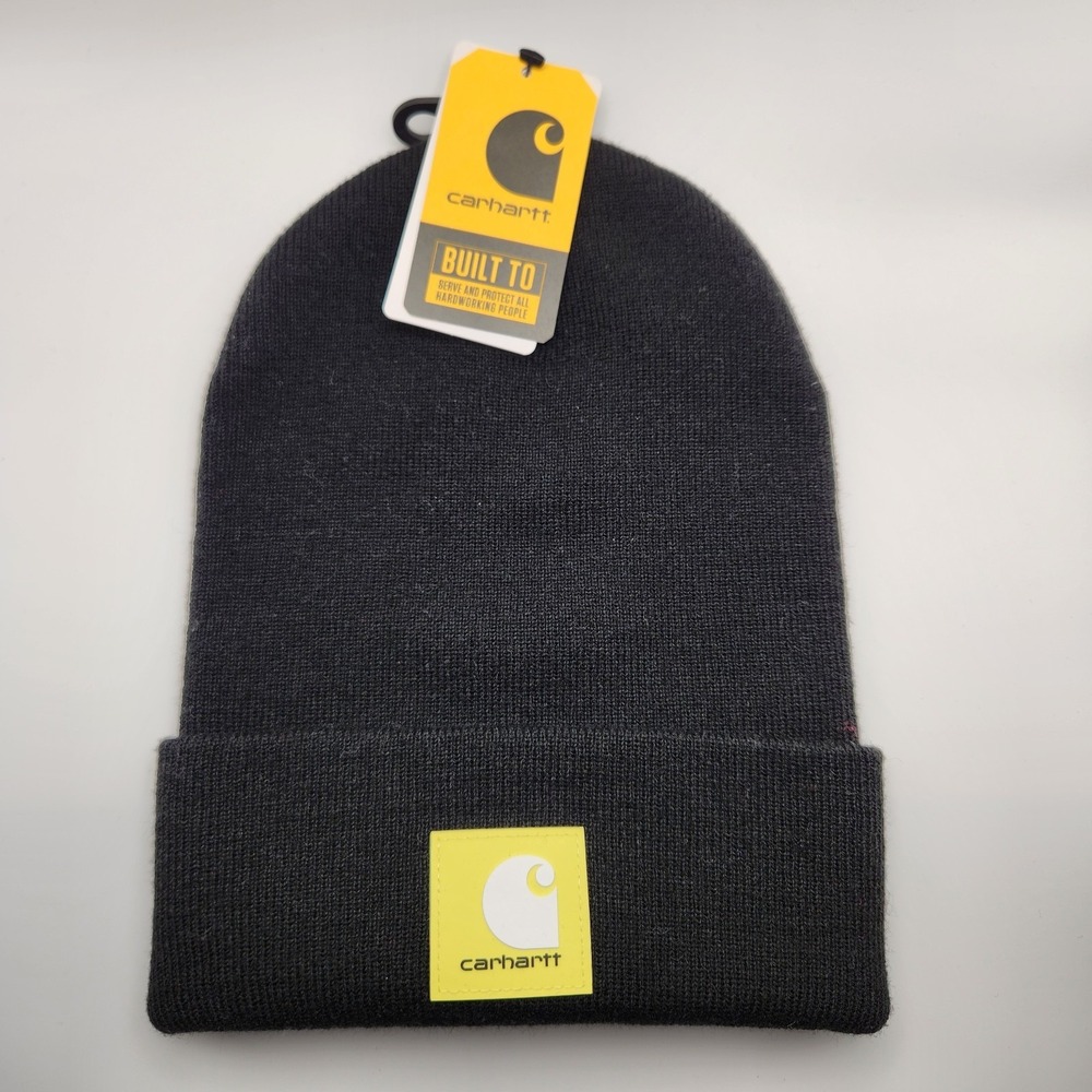 Carhartt Men's Knit Rubber Patch Logo Beanie Carhartt Black/Yellow NWT
